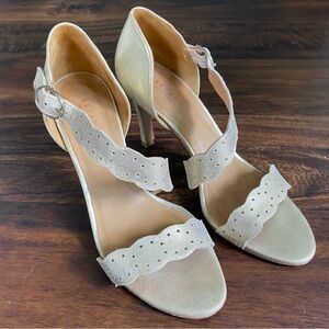 RARE Sezane Rita Heels Size 7 Gold Laser Cut Leather Straps French Chic Pretty